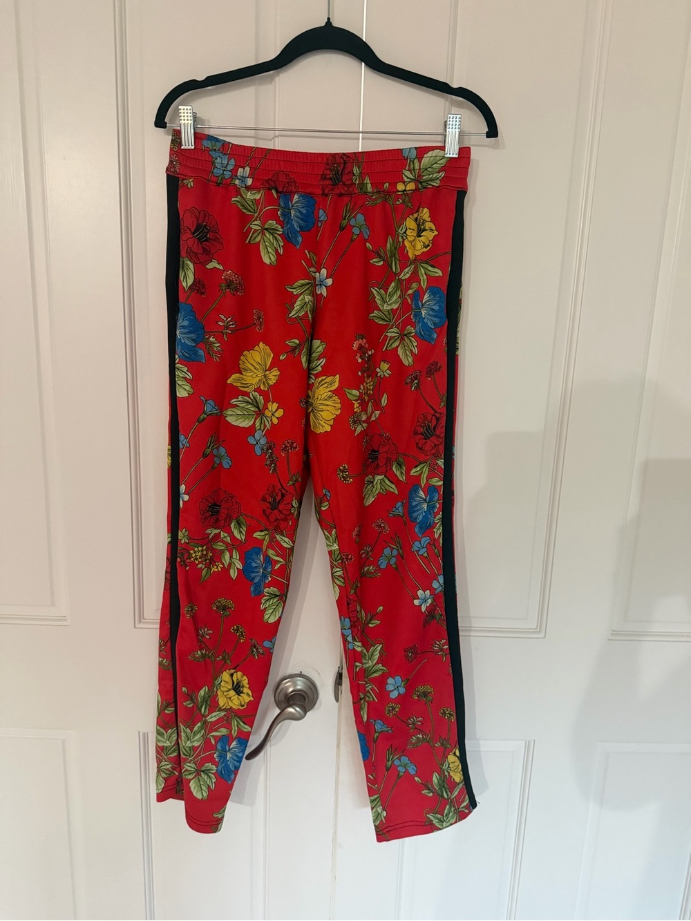 Alice + Olivia Red Floral Track Joggers with Black Side Stripe